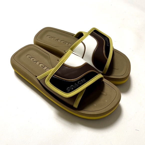 NWOB COACH Sport Slide Size 8 Rubber Pool Beach CA326 Brown Green Leather - Picture 7 of 10